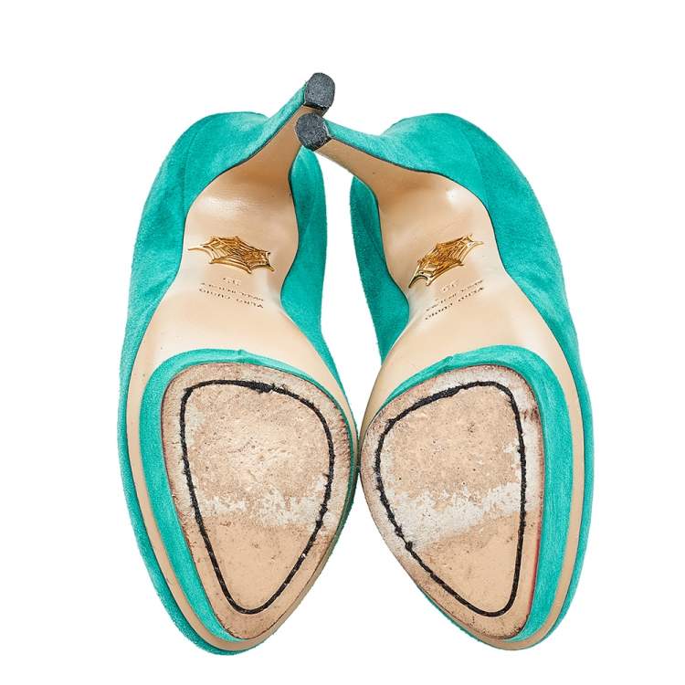 Pre Owned Charlotte Olympia Green Suede Dolly Platform Pumps Size 35