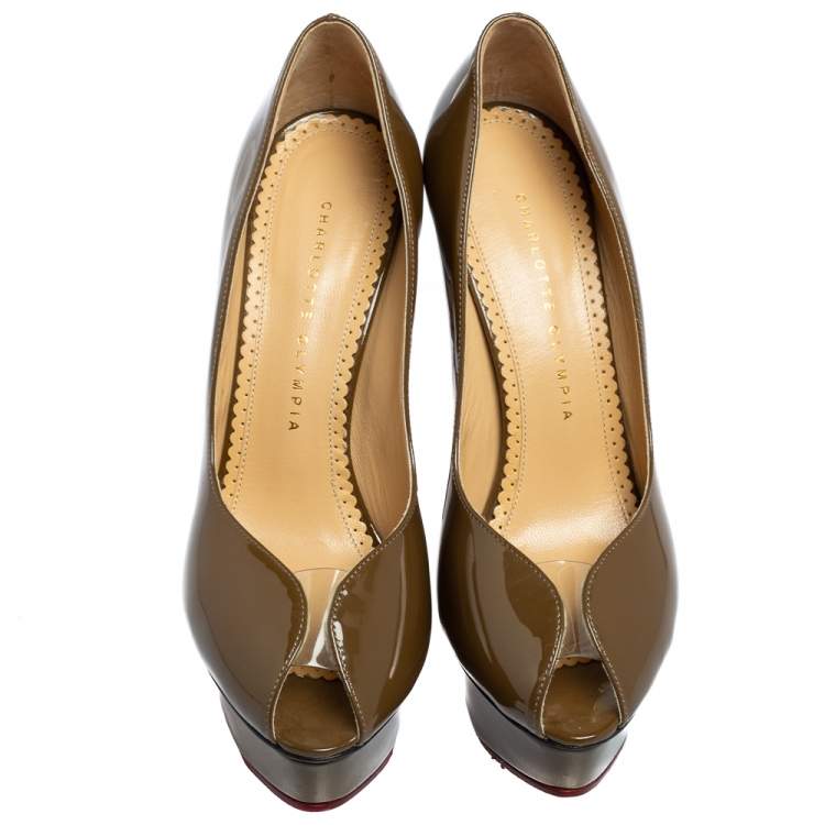 Pre Owned Charlotte Olympia Olive Green Patent Leather Dolly Platform Pumps Size 38