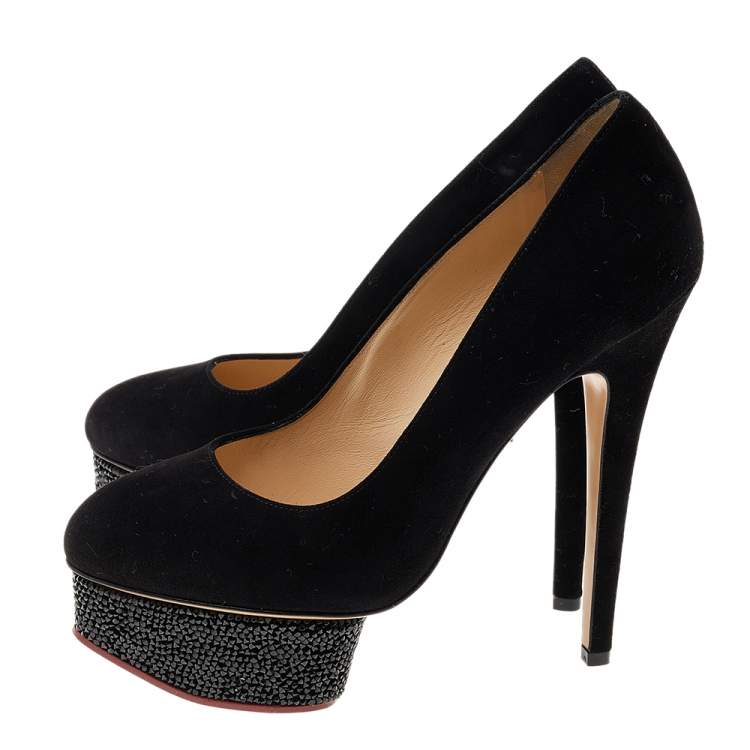 Pre Owned Charlotte Olympia Black Suede Crystal Embellished Dolly Platform Pumps Size 38