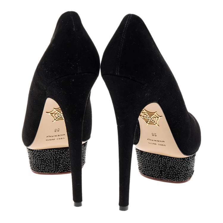 Pre Owned Charlotte Olympia Black Suede Crystal Embellished Dolly Platform Pumps Size 38