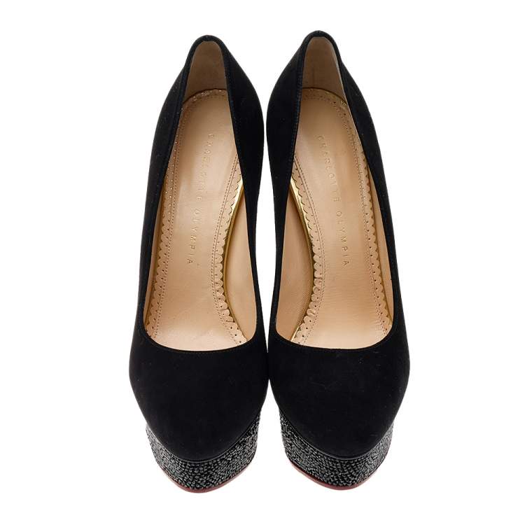 Pre Owned Charlotte Olympia Black Suede Crystal Embellished Dolly Platform Pumps Size 38