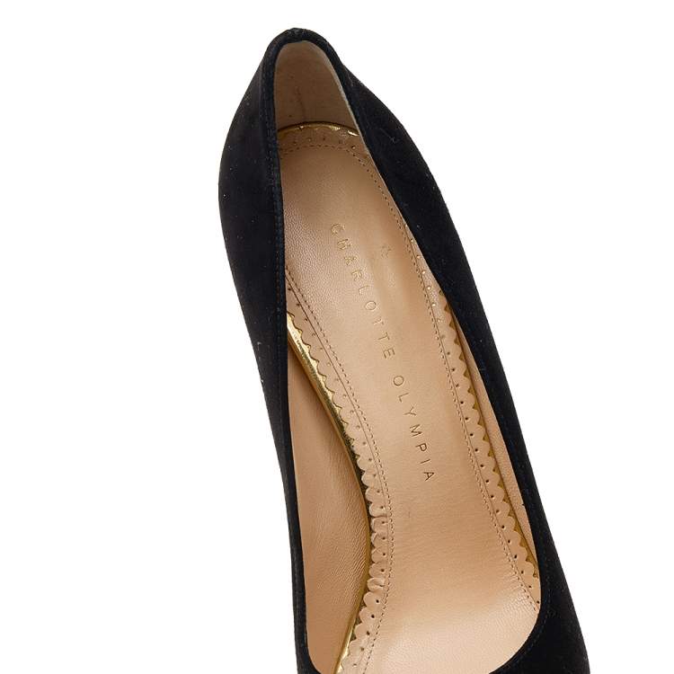 Pre Owned Charlotte Olympia Black Suede Crystal Embellished Dolly Platform Pumps Size 38