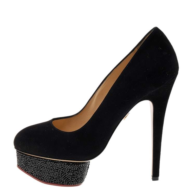 Pre Owned Charlotte Olympia Black Suede Crystal Embellished Dolly Platform Pumps Size 38