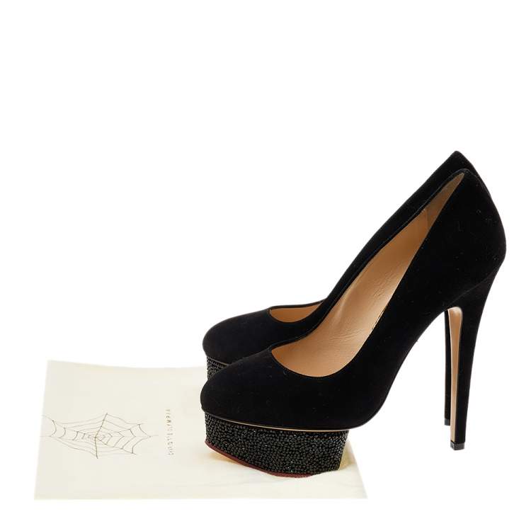 Pre Owned Charlotte Olympia Black Suede Crystal Embellished Dolly Platform Pumps Size 38