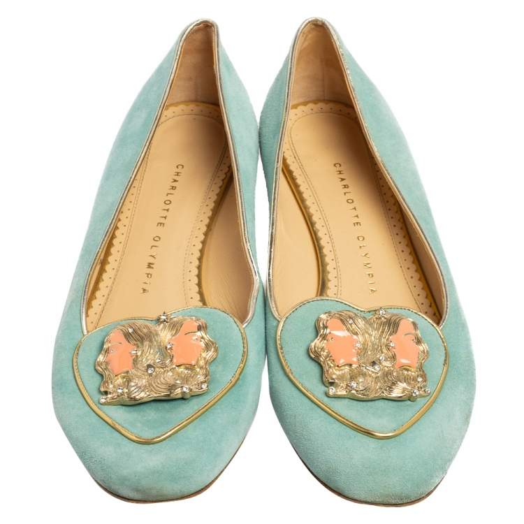 مملوكة مسبقًا Charlotte Olympia Blue Suede Birthday Zodiac Gemini Ballet Flats Size 38