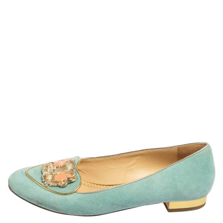 مملوكة مسبقًا Charlotte Olympia Blue Suede Birthday Zodiac Gemini Ballet Flats Size 38