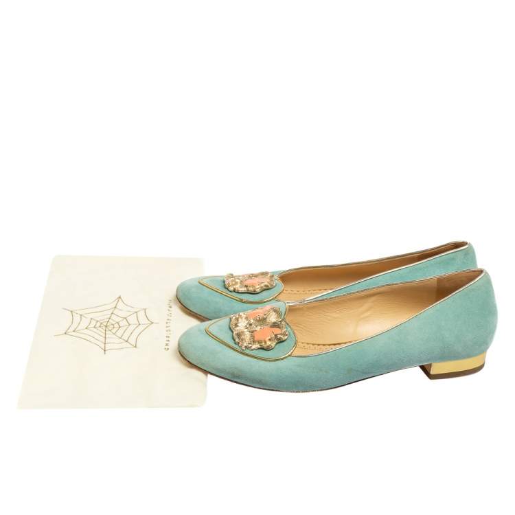 مملوكة مسبقًا Charlotte Olympia Blue Suede Birthday Zodiac Gemini Ballet Flats Size 38