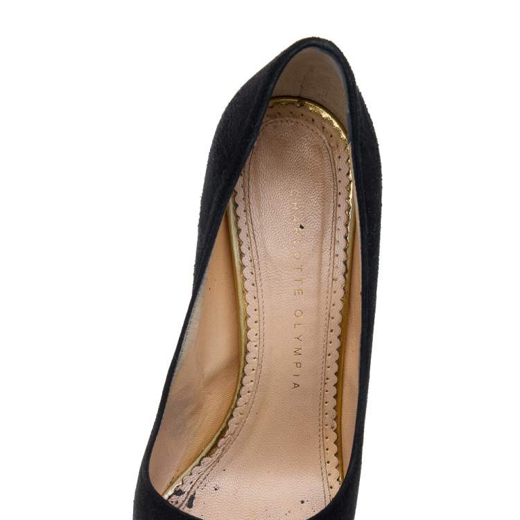 Pre Owned Charlotte Olympia Black Suede Dolly Platform Pumps Size 37.5 