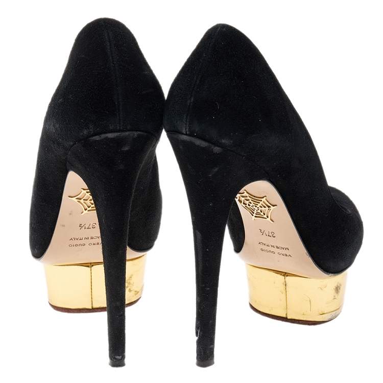 Pre Owned Charlotte Olympia Black Suede Dolly Platform Pumps Size 37.5 