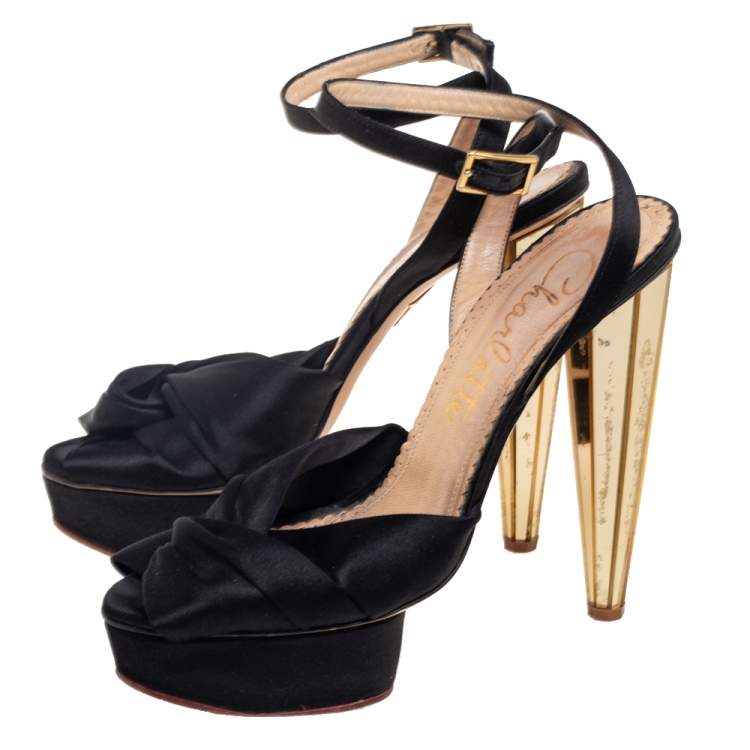 Pre Owned Charlotte Olympia Black Satin Serena Bow Ankle Strap Platform Sandals Size 38