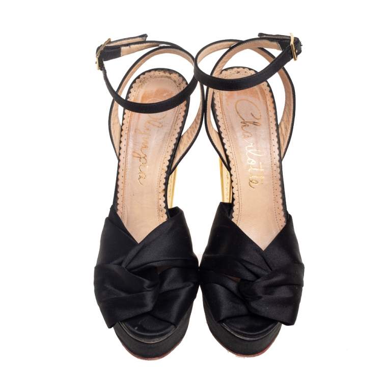 Pre Owned Charlotte Olympia Black Satin Serena Bow Ankle Strap Platform Sandals Size 38