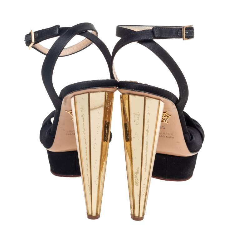 Pre Owned Charlotte Olympia Black Satin Serena Bow Ankle Strap Platform Sandals Size 38
