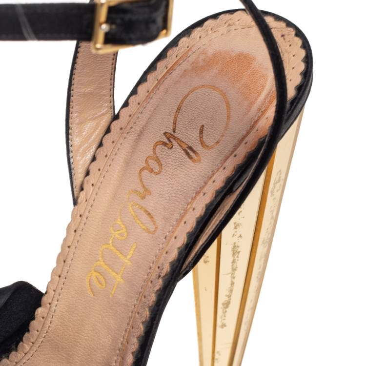 Pre Owned Charlotte Olympia Black Satin Serena Bow Ankle Strap Platform Sandals Size 38