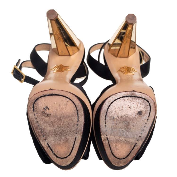 Pre Owned Charlotte Olympia Black Satin Serena Bow Ankle Strap Platform Sandals Size 38