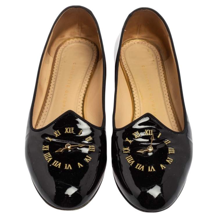 Pre Owned Charlotte Olympia Black Patent Leather Fashionably Late Clock Face Smoking Slippers Size 40