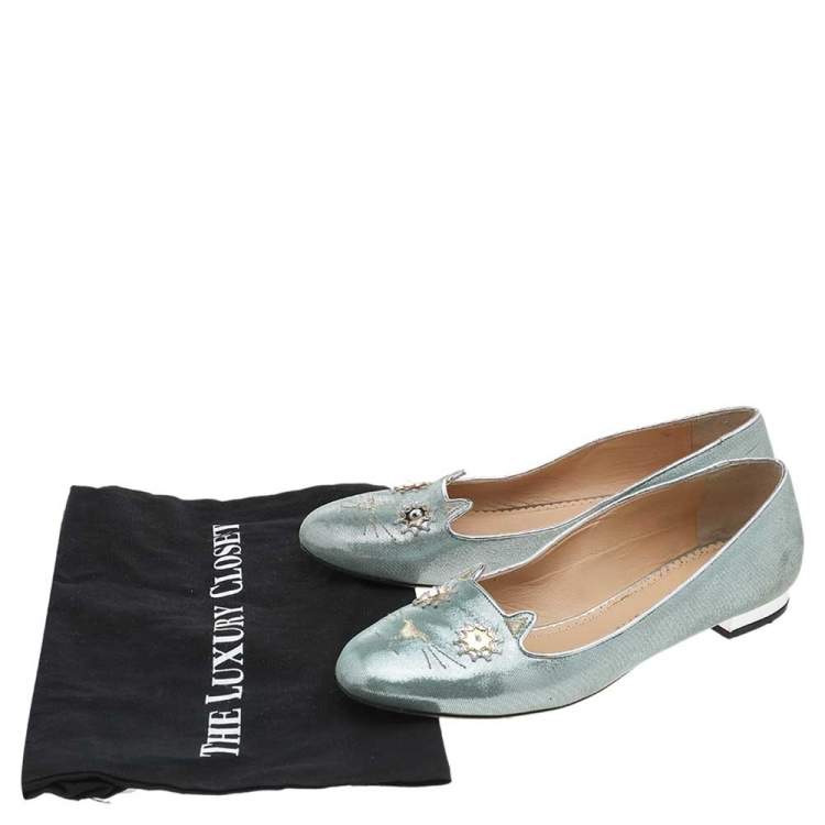 Pre Owned Charlotte Olympia Green Suede Mid Century Kitty Ballet Flats Size 41