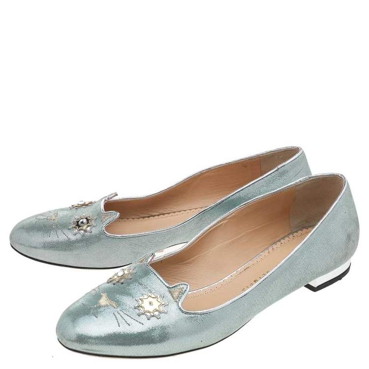 Pre Owned Charlotte Olympia Green Suede Mid Century Kitty Ballet Flats Size 41