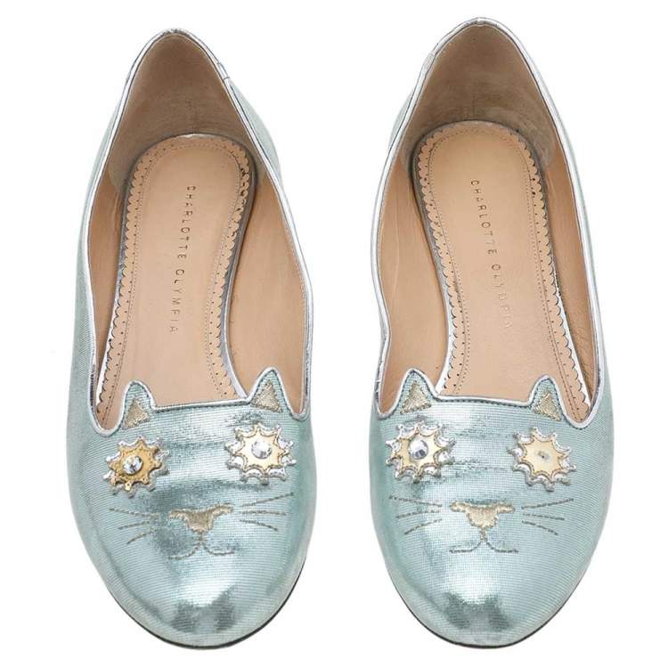 Pre Owned Charlotte Olympia Green Suede Mid Century Kitty Ballet Flats Size 41