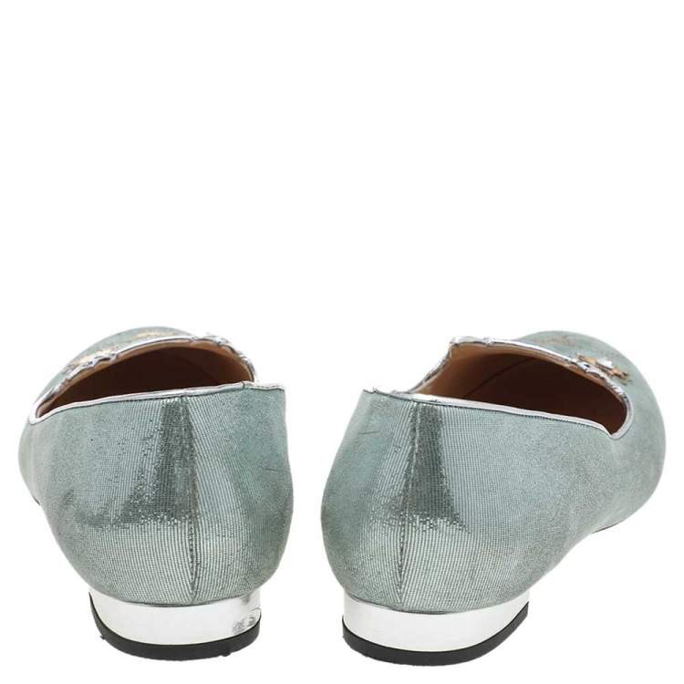 Pre Owned Charlotte Olympia Green Suede Mid Century Kitty Ballet Flats Size 41