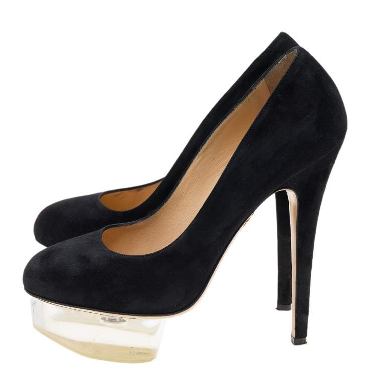 Pre Owned Charlotte Olympia Black Suede Dolly Platform Pumps Size 37.5