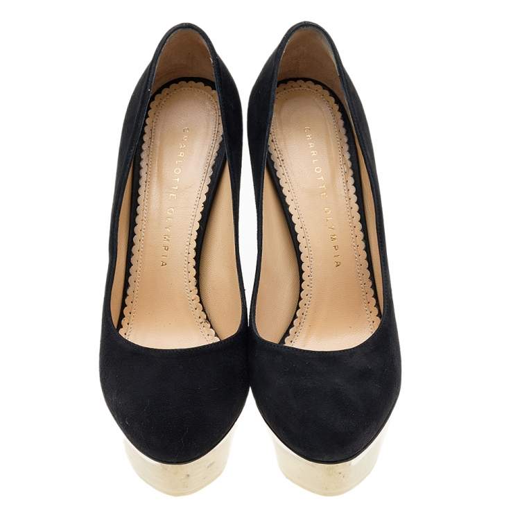 Pre Owned Charlotte Olympia Black Suede Dolly Platform Pumps Size 37.5