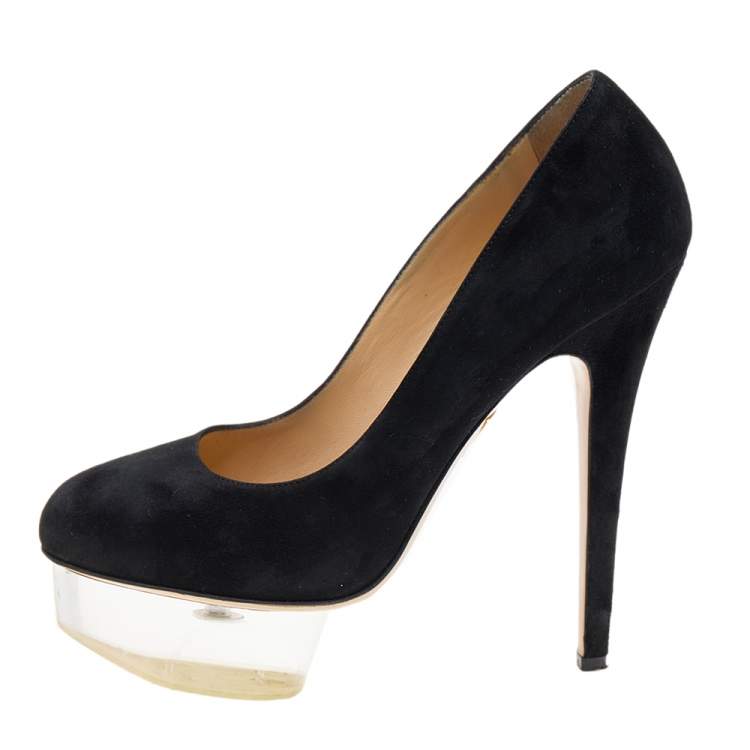 Pre Owned Charlotte Olympia Black Suede Dolly Platform Pumps Size 37.5