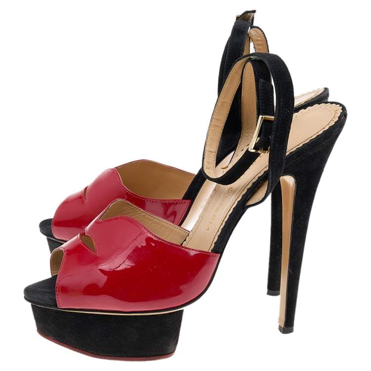 Pre Owned Charlotte Olympia Red Suede And Patent Leather Platform Sandals Size 39.5