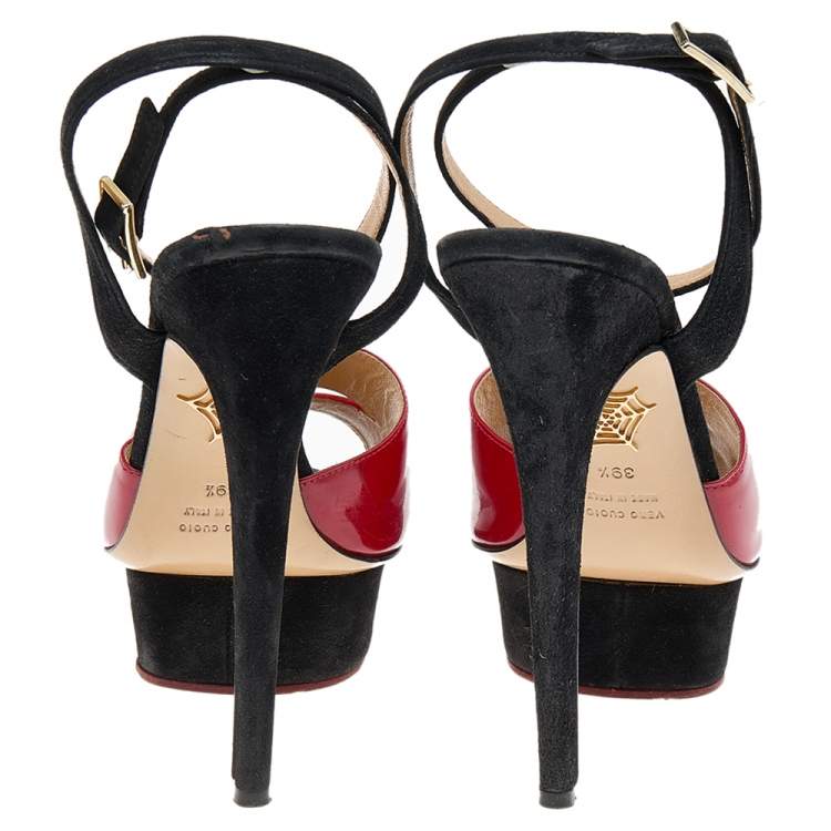 Pre Owned Charlotte Olympia Red Suede And Patent Leather Platform Sandals Size 39.5