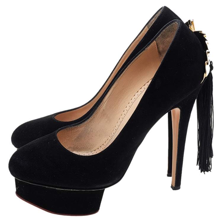 Pre Owned Charlotte Olympia Black Suede Fantastic Dolly Tassel Pumps Size 37