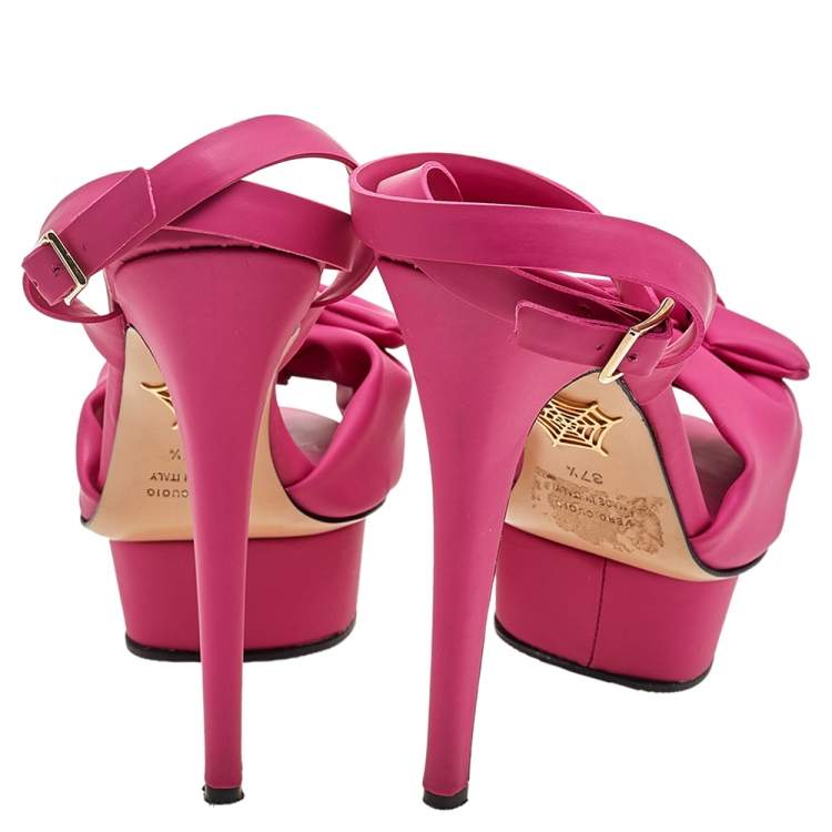 Pre Owned Charlotte Olympia Pink Vinyl Serena Bow Ankle Strap Platform Sandals Size 37.5