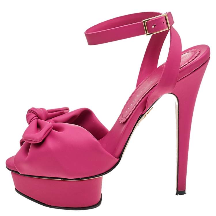 Pre Owned Charlotte Olympia Pink Vinyl Serena Bow Ankle Strap Platform Sandals Size 37.5