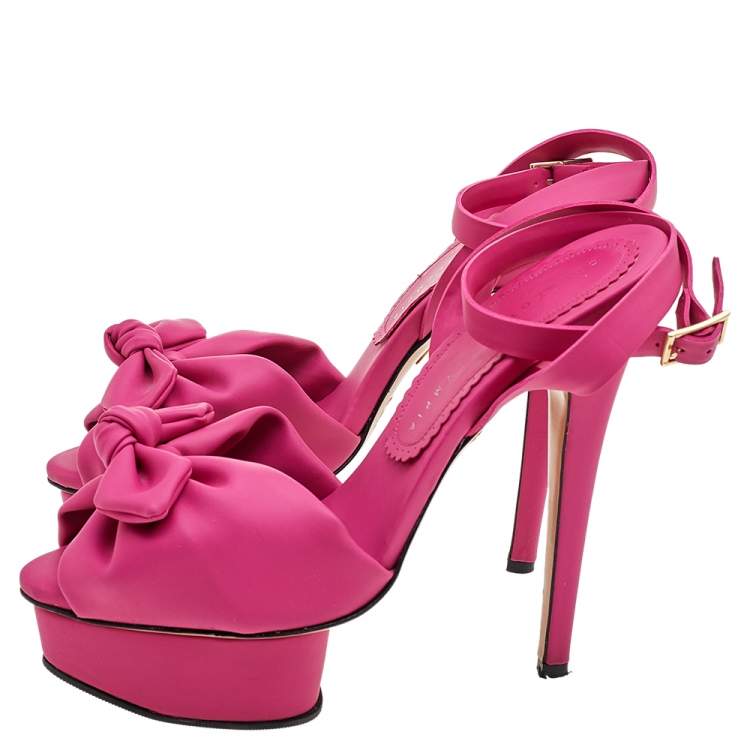 Pre Owned Charlotte Olympia Pink Vinyl Serena Bow Ankle Strap Platform Sandals Size 37.5