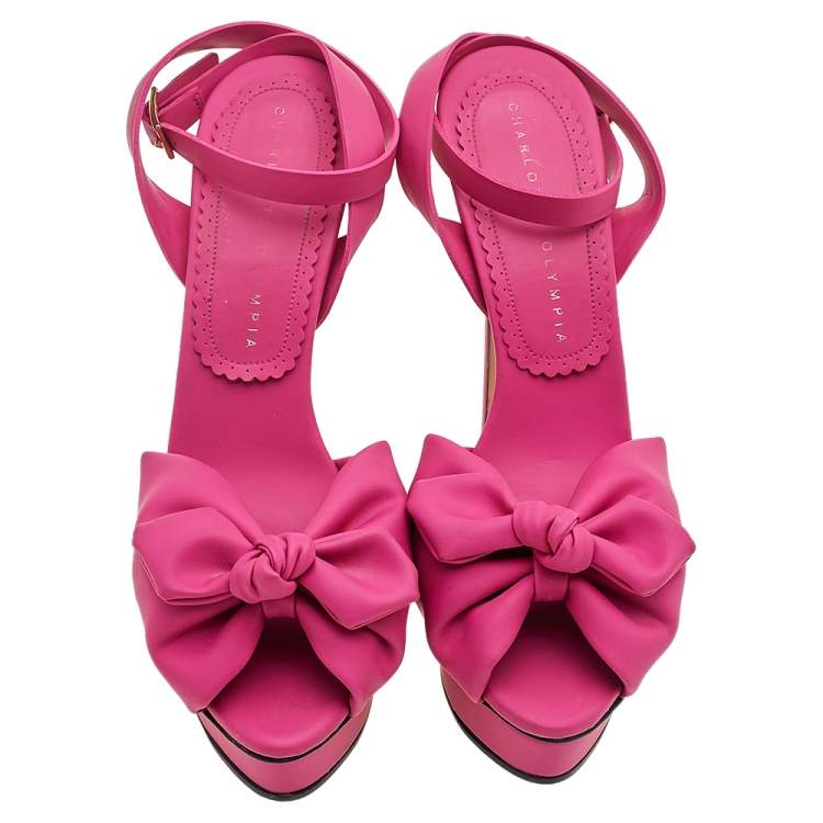 Pre Owned Charlotte Olympia Pink Vinyl Serena Bow Ankle Strap Platform Sandals Size 37.5