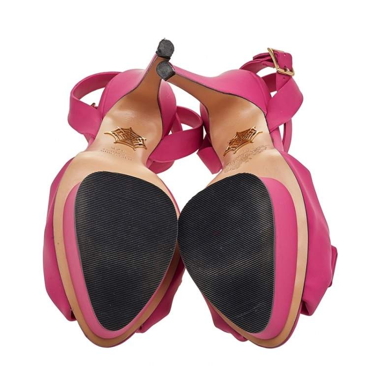 Pre Owned Charlotte Olympia Pink Vinyl Serena Bow Ankle Strap Platform Sandals Size 37.5