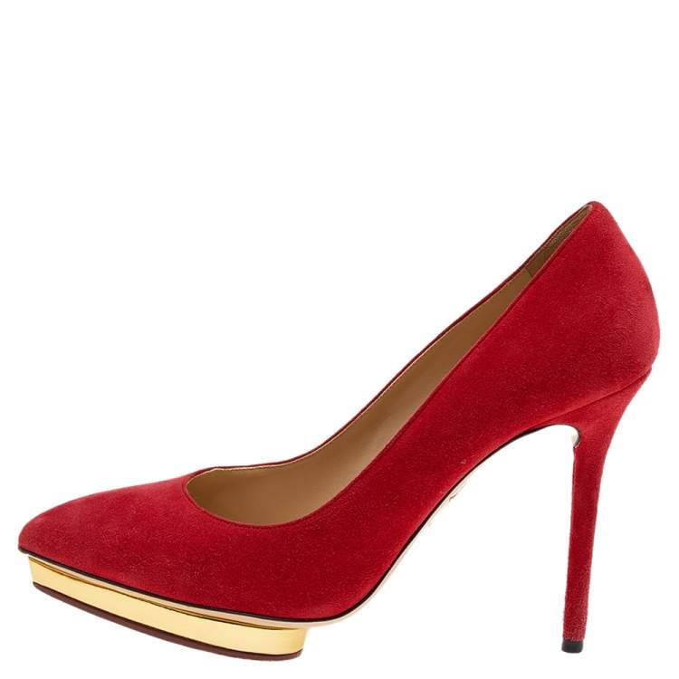 Pre Owned Charlotte Olympia Orange Suede Platform Pumps Size 38
