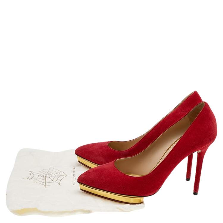 Pre Owned Charlotte Olympia Orange Suede Platform Pumps Size 38