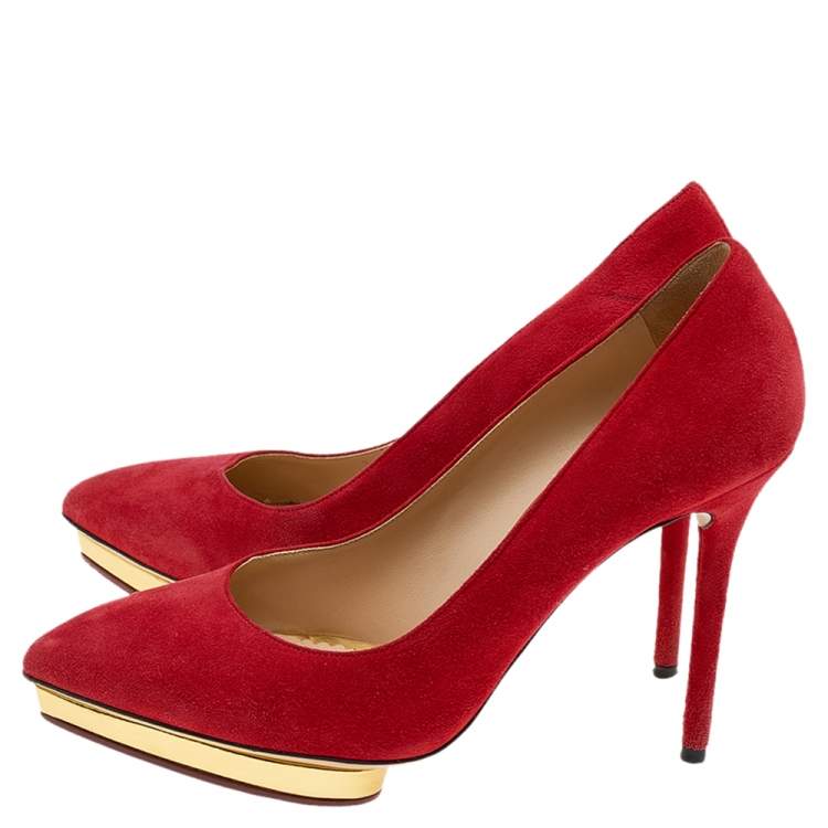 Pre Owned Charlotte Olympia Orange Suede Platform Pumps Size 38