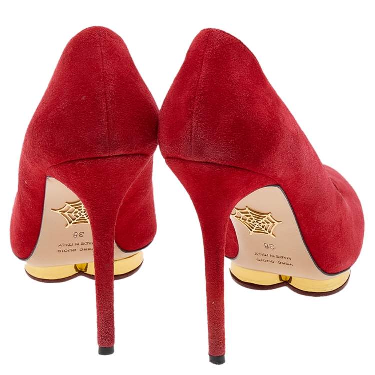 Pre Owned Charlotte Olympia Orange Suede Platform Pumps Size 38