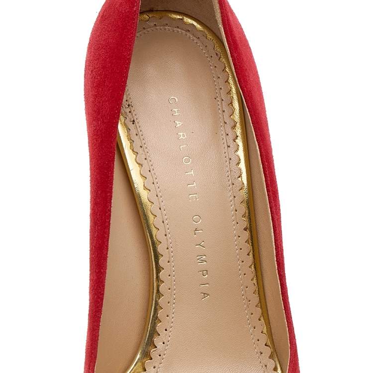 Pre Owned Charlotte Olympia Orange Suede Platform Pumps Size 38