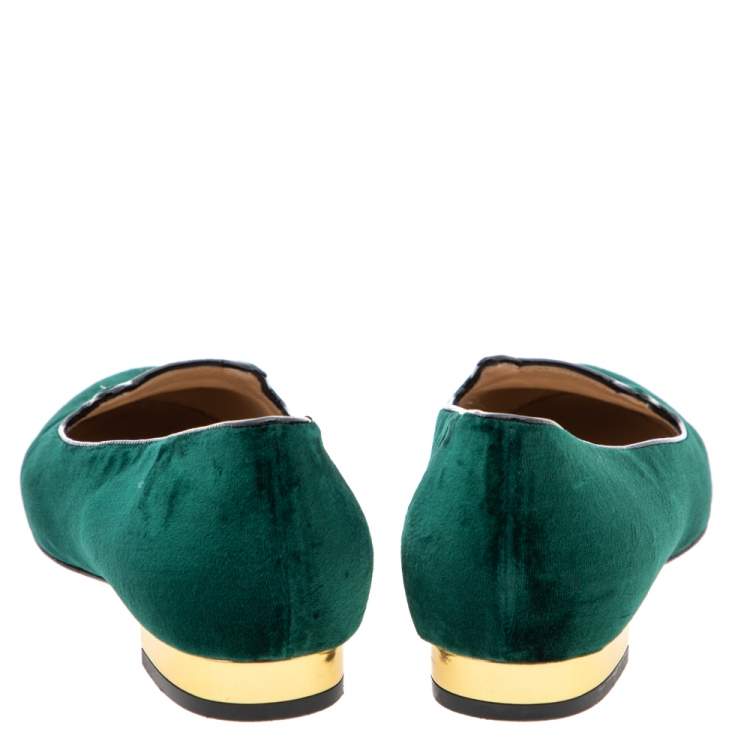 Pre Owned Charlotte Olympia Dark Green Velvet Kitty Ballet Flats Size 37