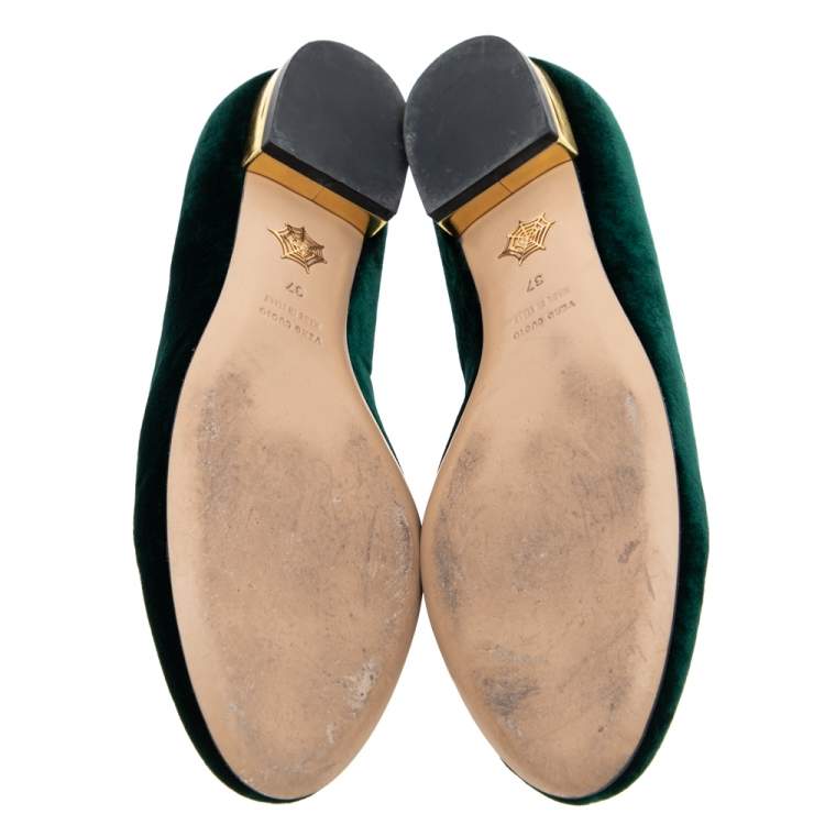 Pre Owned Charlotte Olympia Dark Green Velvet Kitty Ballet Flats Size 37