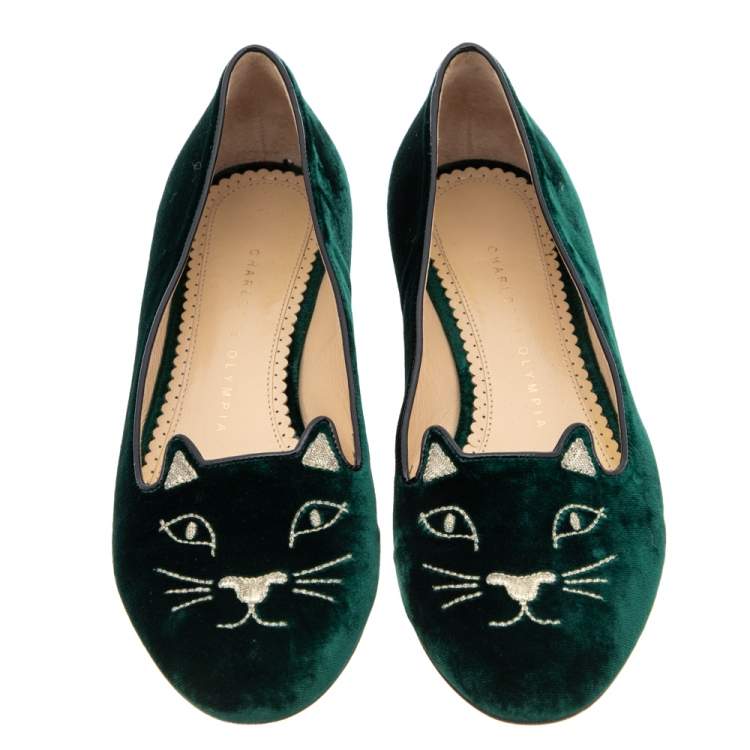 Pre Owned Charlotte Olympia Dark Green Velvet Kitty Ballet Flats Size 37