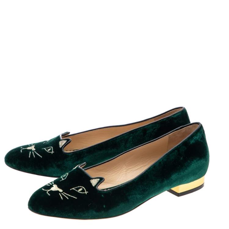 Pre Owned Charlotte Olympia Dark Green Velvet Kitty Ballet Flats Size 37