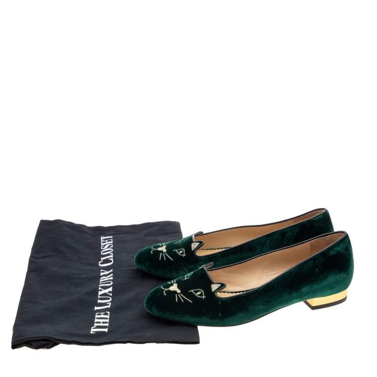 Pre Owned Charlotte Olympia Dark Green Velvet Kitty Ballet Flats Size 37