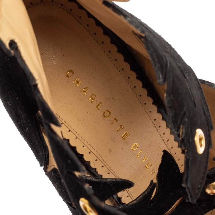 Pre Owned Charlotte Olympia Black Suede Eve Leaf Cutout Ankle Booties Size 39