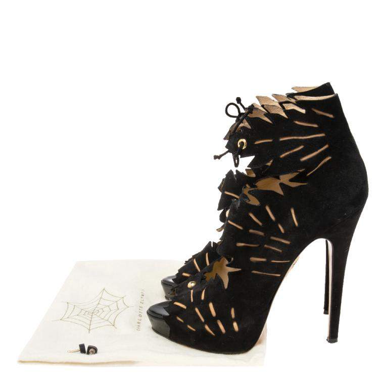 Pre Owned Charlotte Olympia Black Suede Eve Leaf Cutout Ankle Booties Size 39