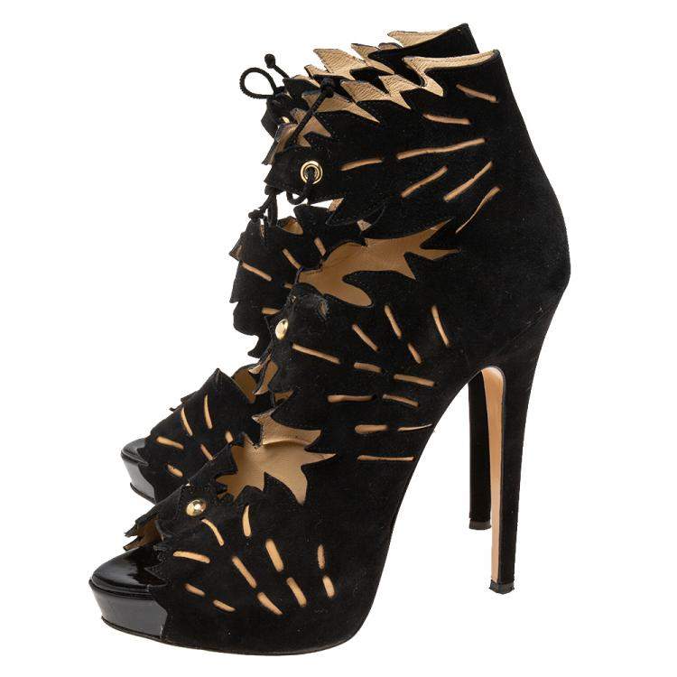 Pre Owned Charlotte Olympia Black Suede Eve Leaf Cutout Ankle Booties Size 39