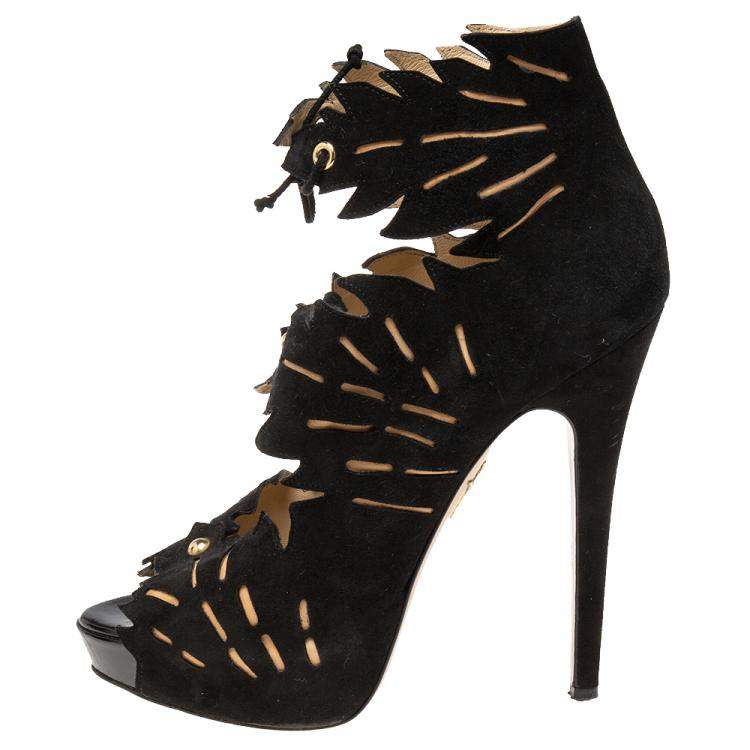 Pre Owned Charlotte Olympia Black Suede Eve Leaf Cutout Ankle Booties Size 39
