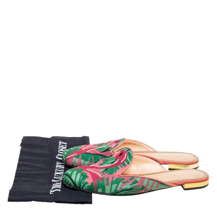 Pre Owned Charlotte Olympia Green/Pink Flamingo Embroidered Fabric Flat Mules Size 40