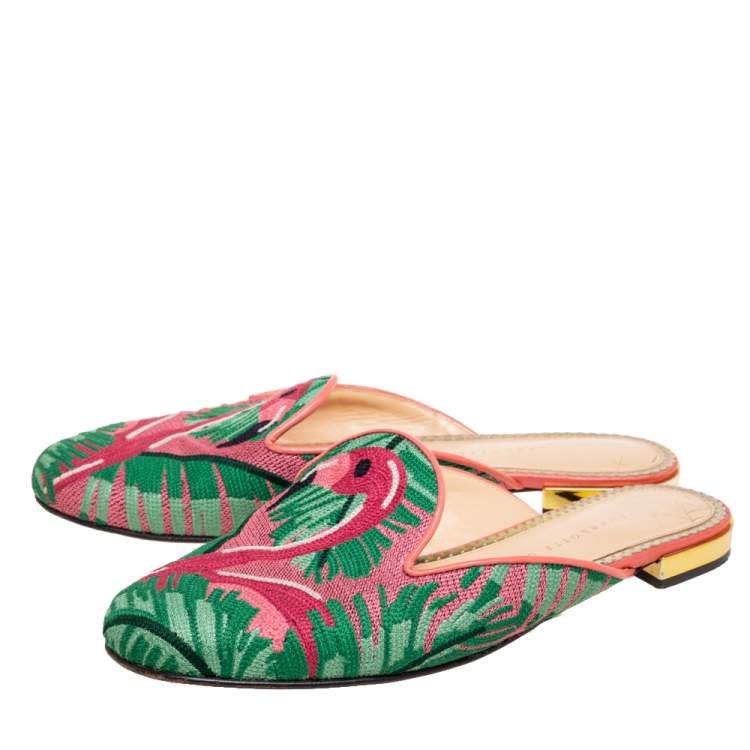 Pre Owned Charlotte Olympia Green/Pink Flamingo Embroidered Fabric Flat Mules Size 40